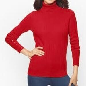 Talbots Size Large Petite Lp Red Ribbed Button Detail Turtleneck Sweater